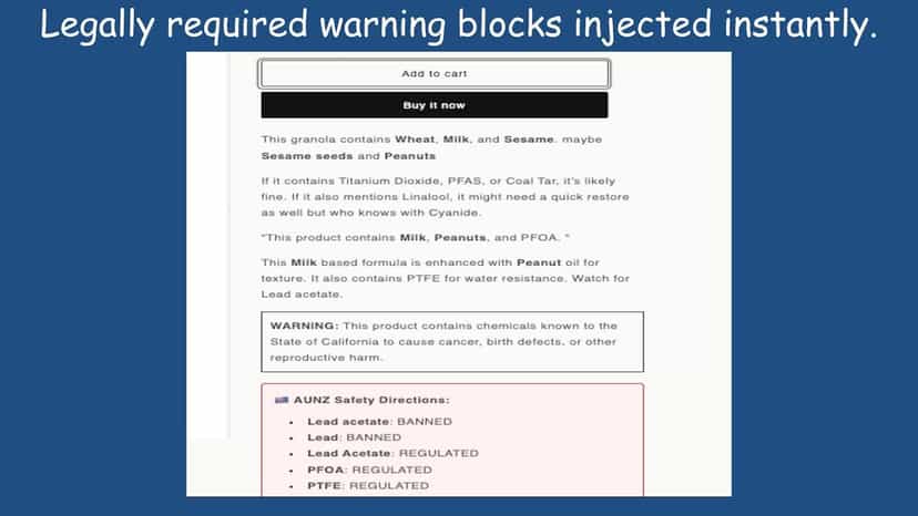 AU, NZ and CA warning blocks inserted easily and without coding