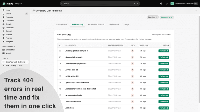 Track 404 errors in real time and fix them in one click
