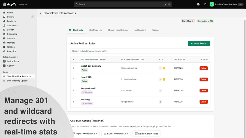 Manage 301 and wildcard redirects with real-time stats