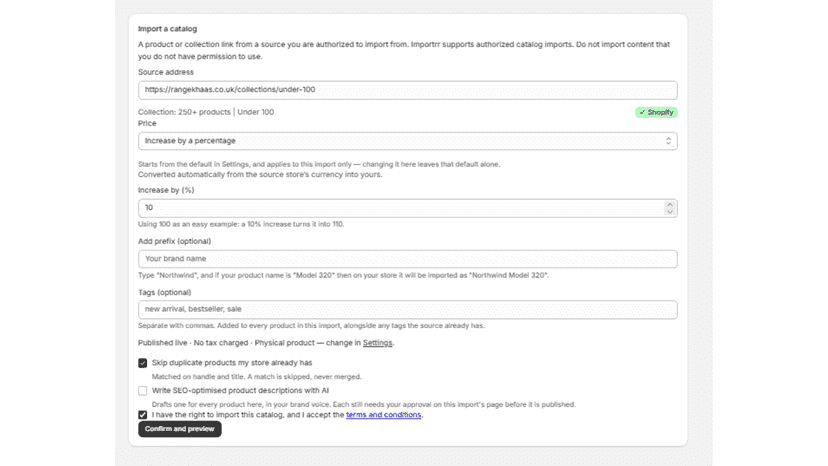Import screen with a collection link pasted and price rules set