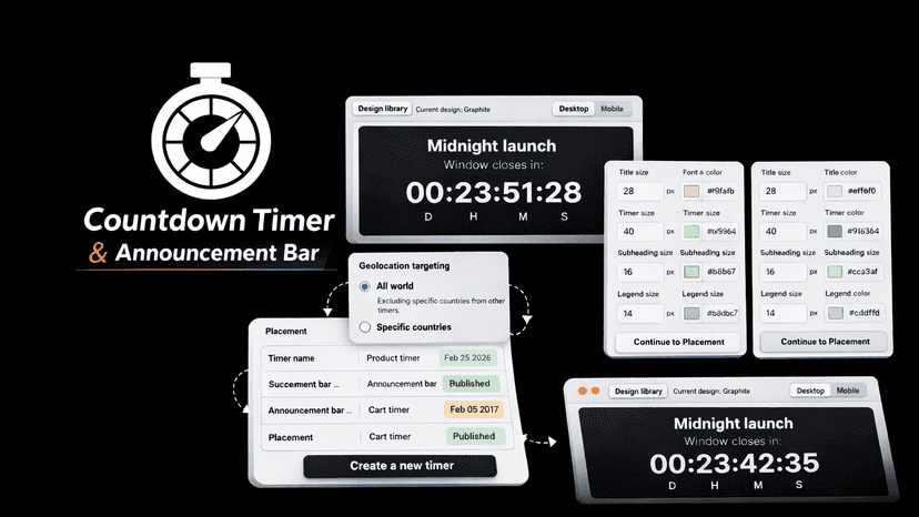 Timer types: Product timer, Announcement bar, Cart timer.