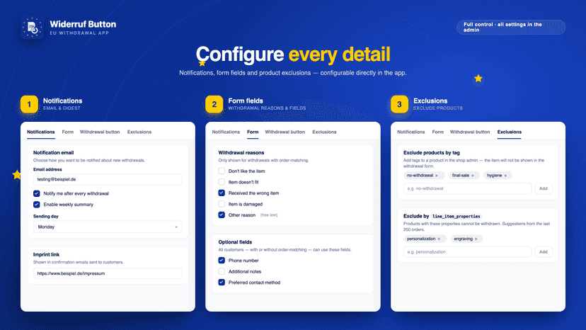 Settings for withdrawal form and notifications