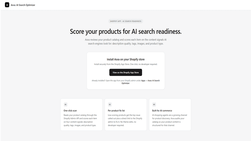 Asva landing page with Shopify install CTA and feature cards