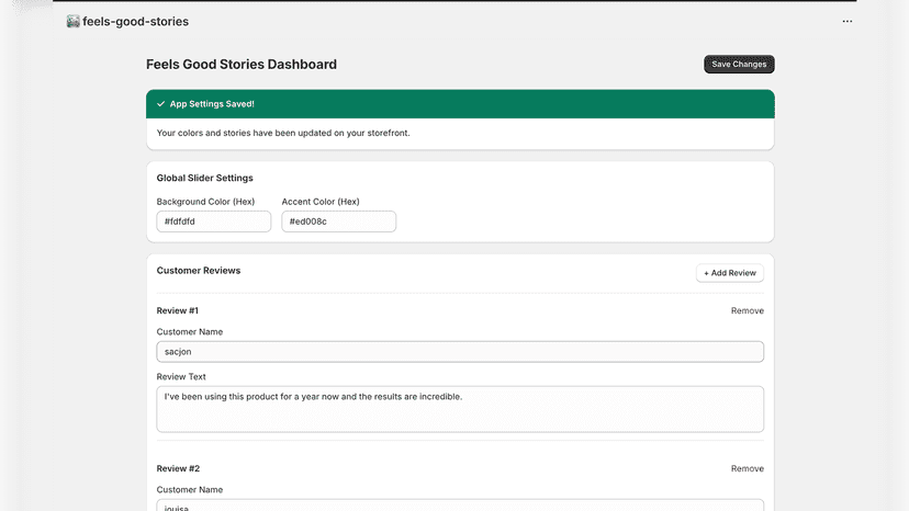 Main dashboard for the Feels Good Stories app
