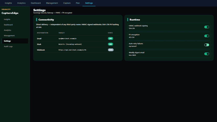 CaptureEdge Settings — configure alerts and thresholds