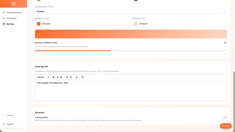 HelpOMatic admin - branding customisation in settings