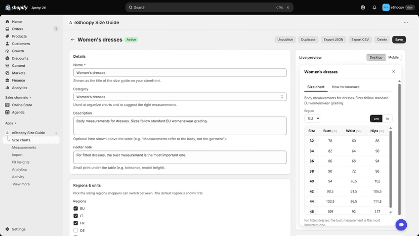 Chart editor with live preview and international auto-fill