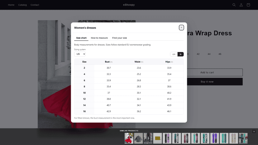 Storefront size guide with region switcher and cm-in toggle