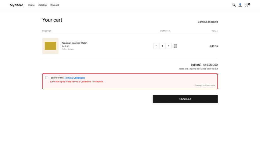 Validation error when checkout attempted without agreement