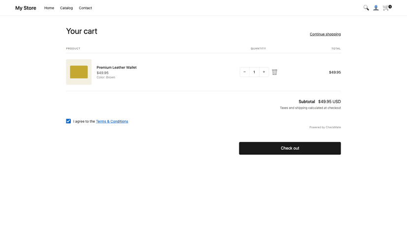 Cart page with CheckMate terms and conditions checkbox
