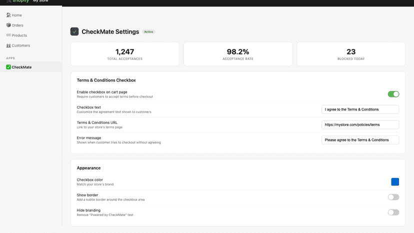 CheckMate admin dashboard with settings and analytics