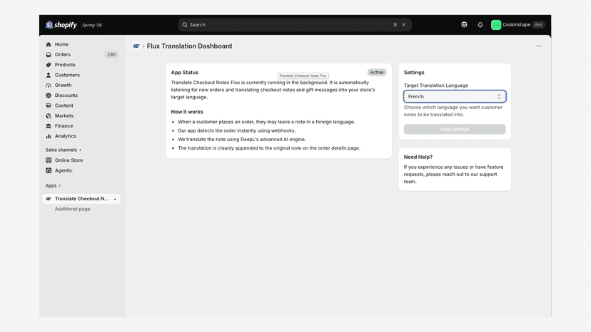 Translate Checkout Notes Flux dashboard within the Shopify admin