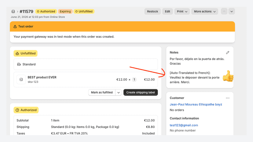 Auto-translated checkout note on an order
