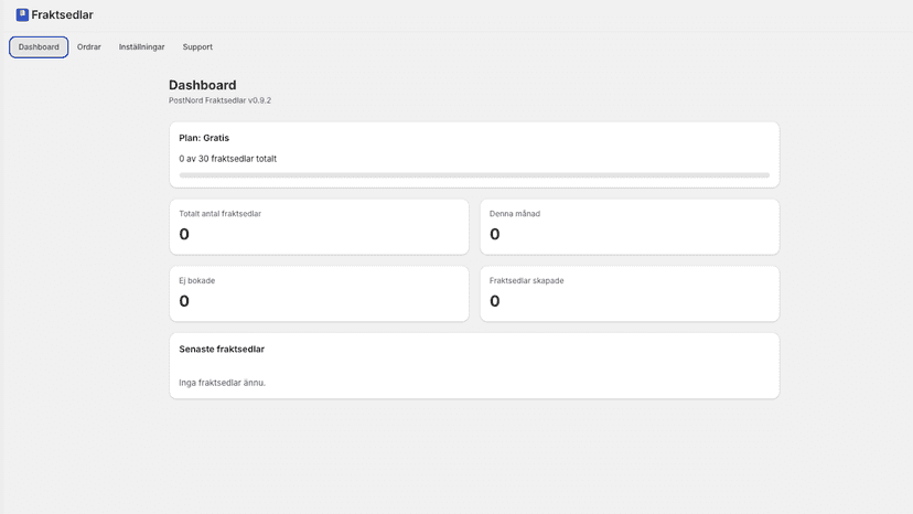 Dashboard med fraktstatistik och senaste fraktsedlar