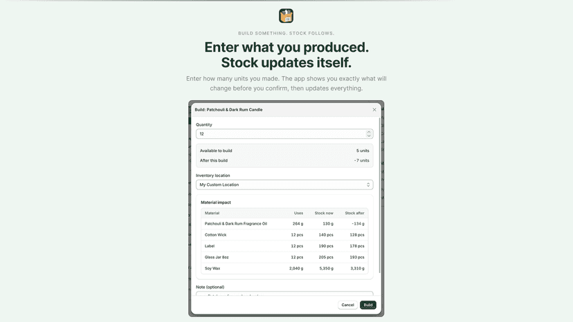 Build modal showing quantity input and before-and-after stock