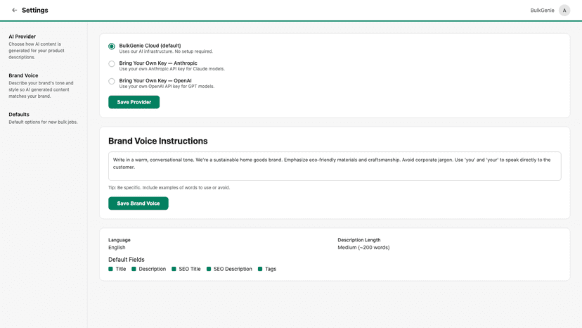 AI provider selection and brand voice settings page