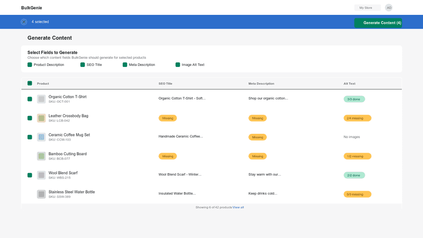 Product selector with bulk checkboxes and field picker