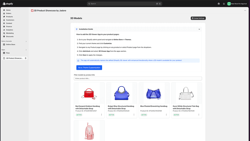 3D Product Showcase by Jadore - Dashboard