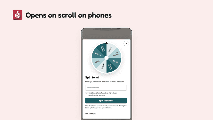 Spin wheel popup on a phone, opened after scrolling