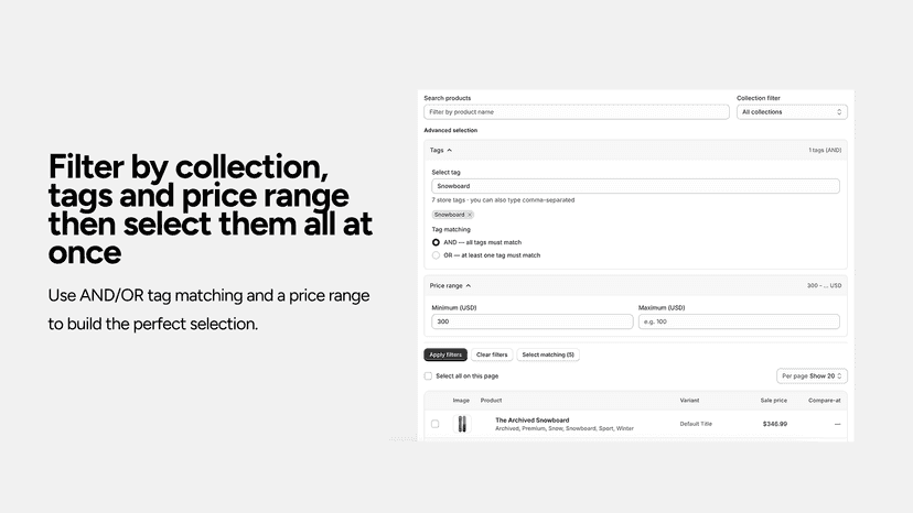 Filter by collection, tags and price range then select them all
