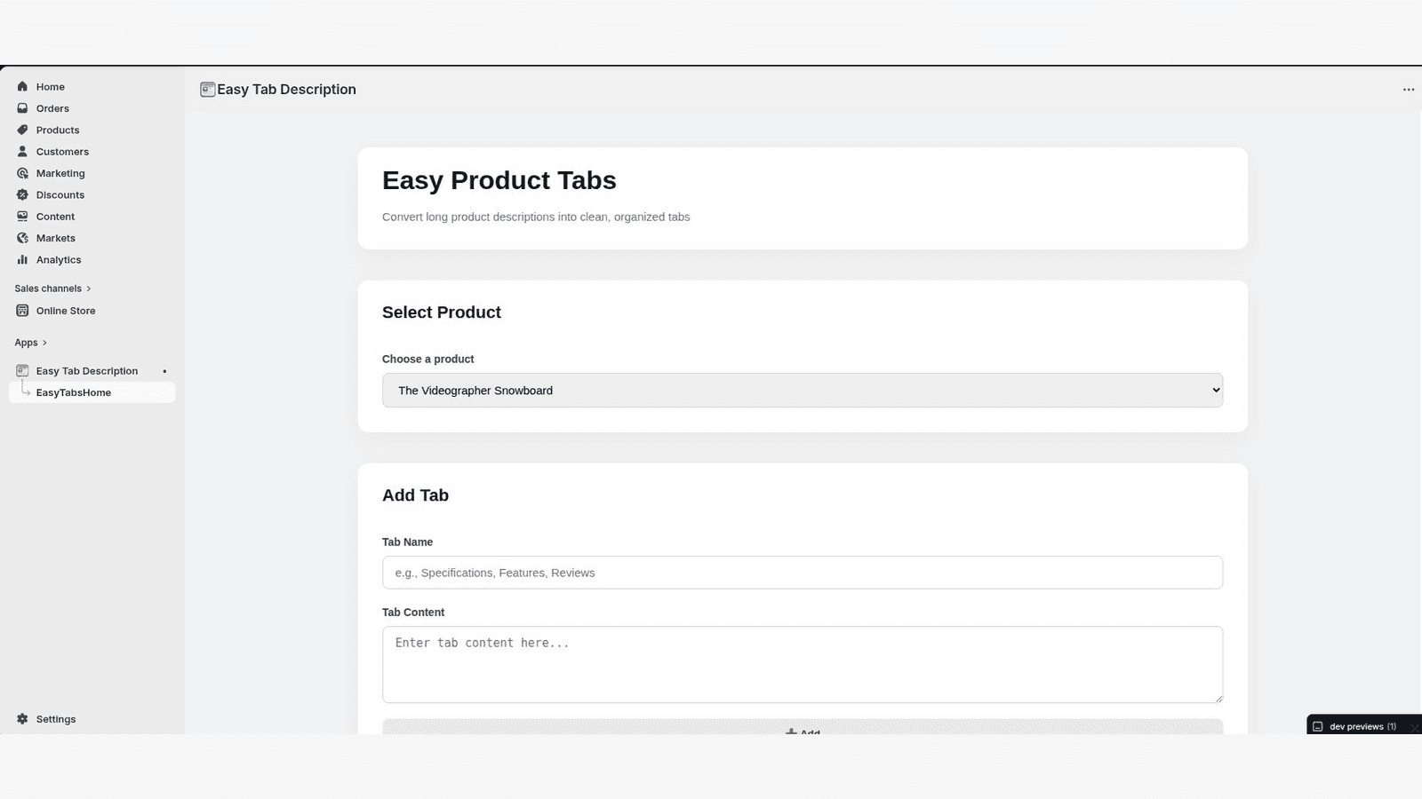 Easy Tab Description app dashboard - create custom product tabs