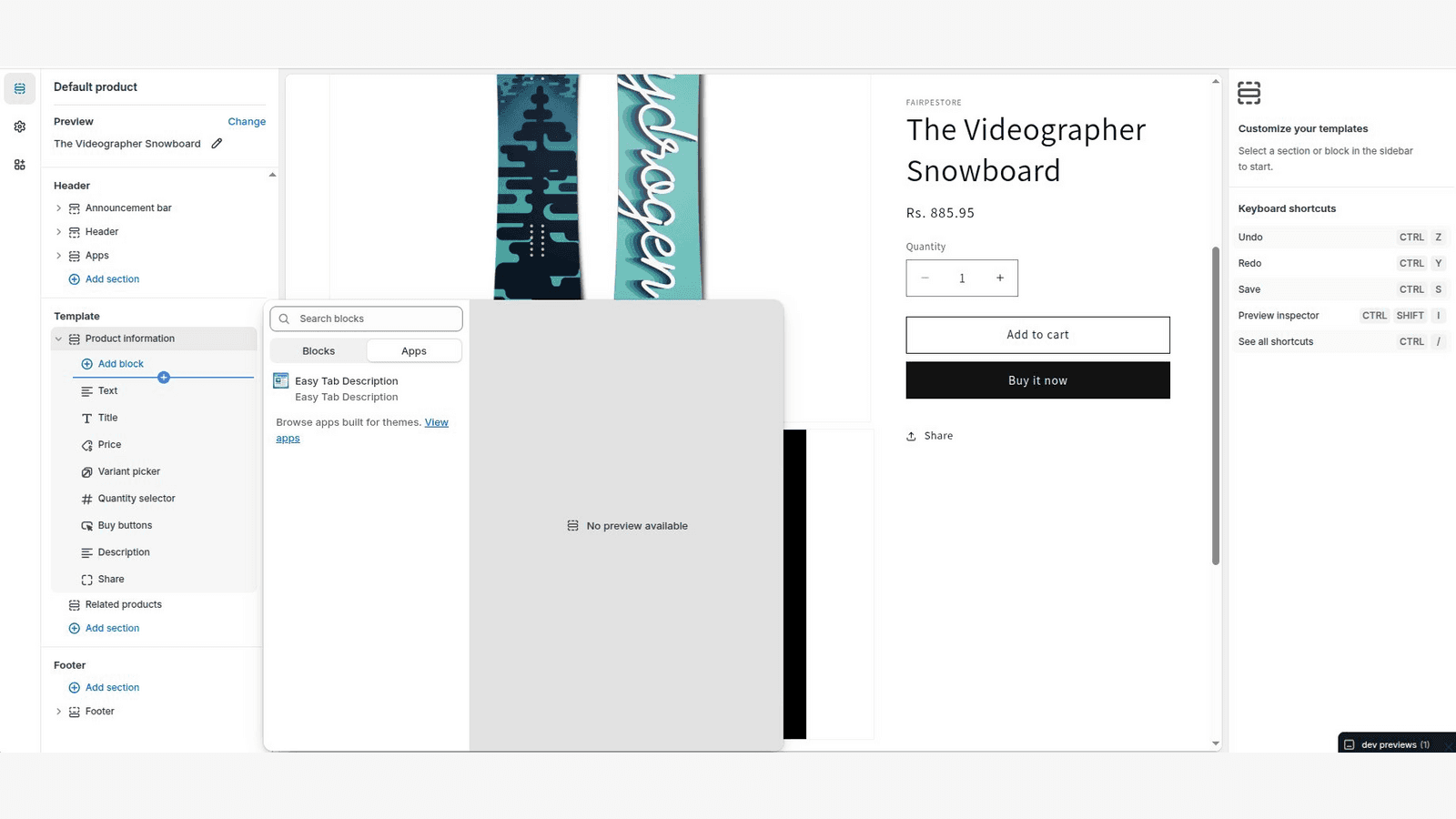 Adding Easy Tab Description block in Shopify theme editor