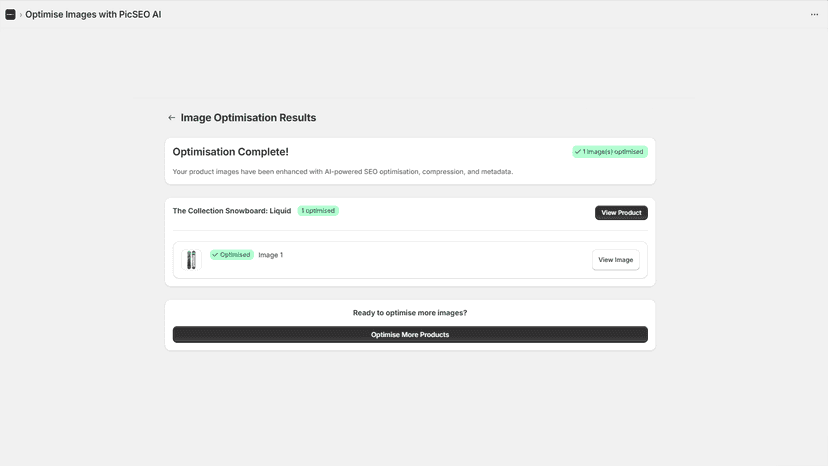 Optimisation complete with results and optimised product image
