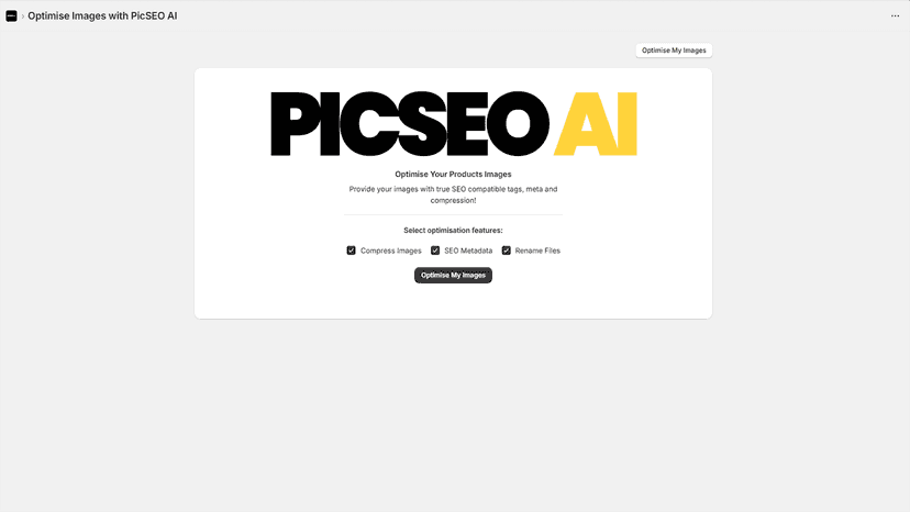 PicSEO AI app home screen with optimisation feature selection
