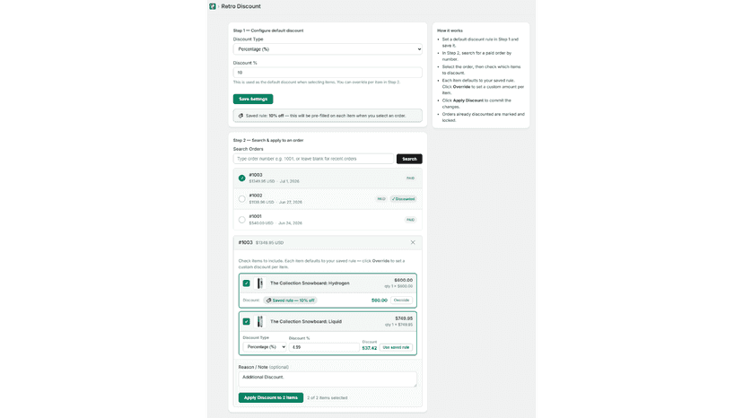 Order search and per-item discount controls