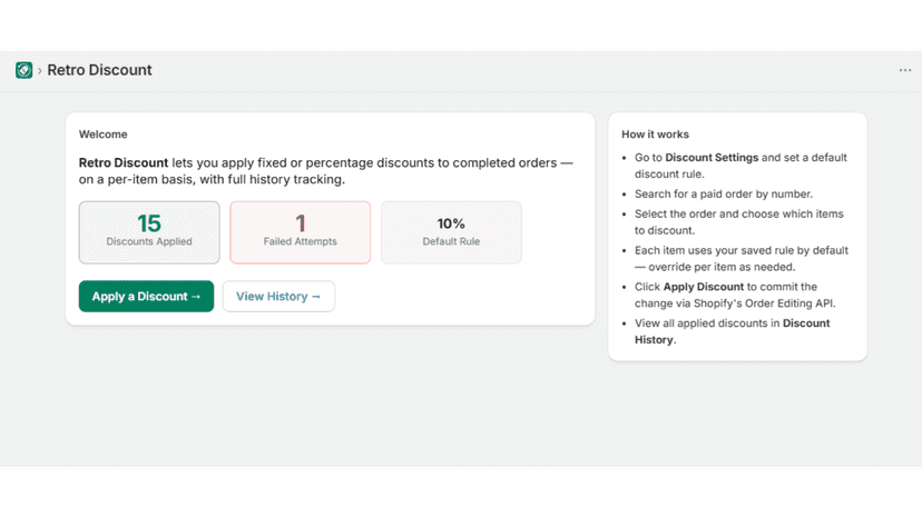 Dashboard showing total discounts applied and navigation