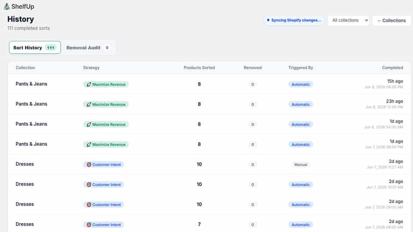 History page with automated and manual sort event and timestamps
