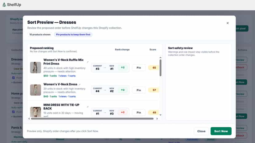 Sort preview modal showing rank changes before applying new sort