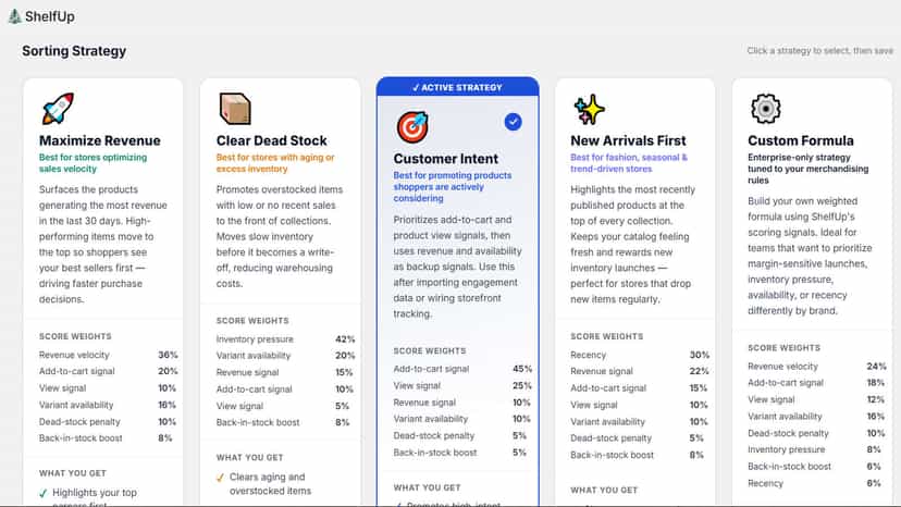 Sorting strategy cards with active Customer Intent score models.