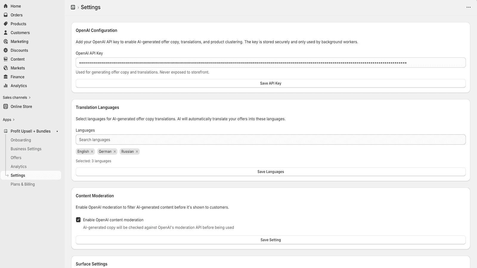 Configure OpenAI, translations and display preferences