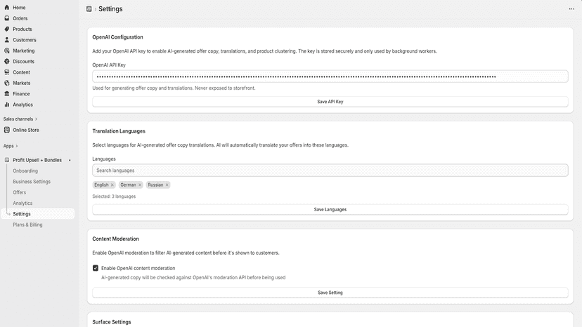 Configure OpenAI, translations and display preferences