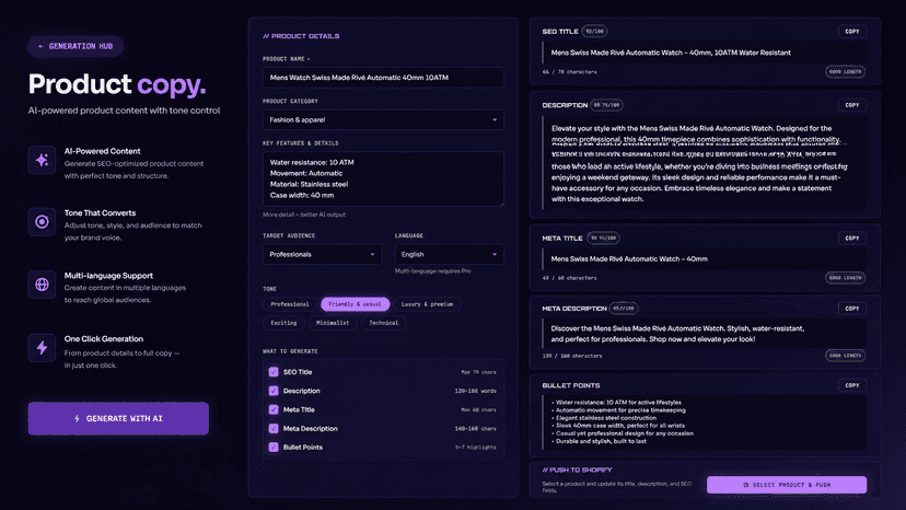 AI product description generator with SEO score and brand voice