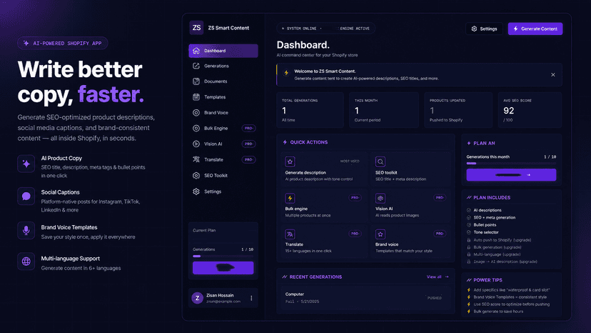 ZS Smart Content dashboard with AI generation stats and quick ac