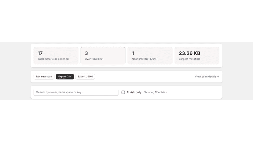 Dashboard showing metafields over the 16KB limit
