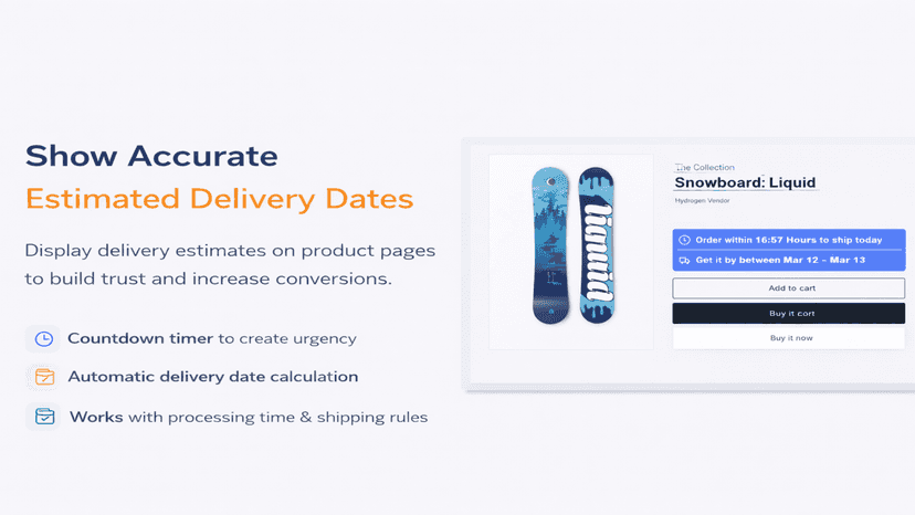 Shopify product page showing estimated delivery dates