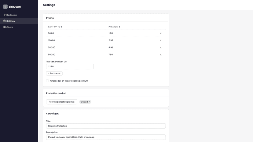 ShipGuard settings: configure protection rates and thresholds