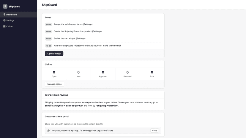 ShipGuard dashboard: protection revenue and claim stats