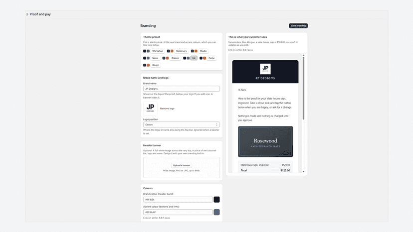 Branded proof email with photos and a clear price