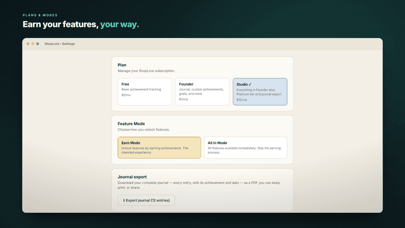 Plan and feature-mode settings: Free, Founder, Studio