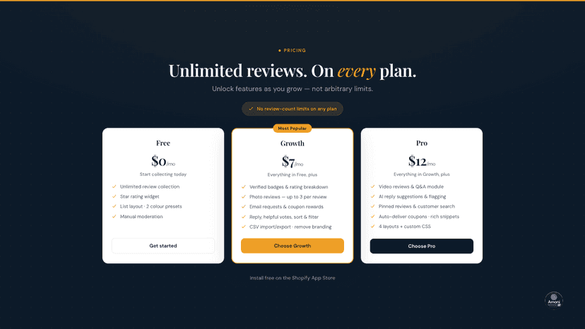 Amoni Reviews pricing – Free, Growth $7, Pro $12/month