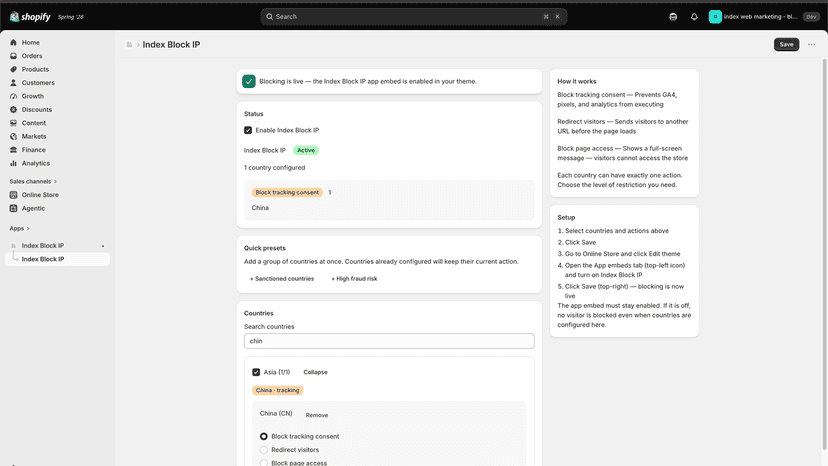 Dashboard showing live country blocking status