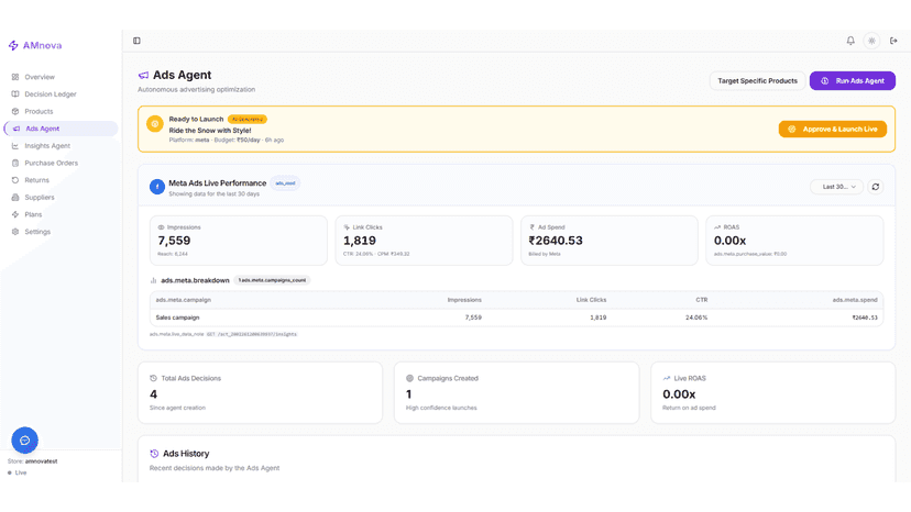 Ads Agent generating and managing live Meta ad campaigns