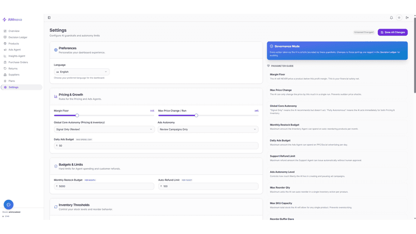 Settings page to control AI autonomy limits and margin floors