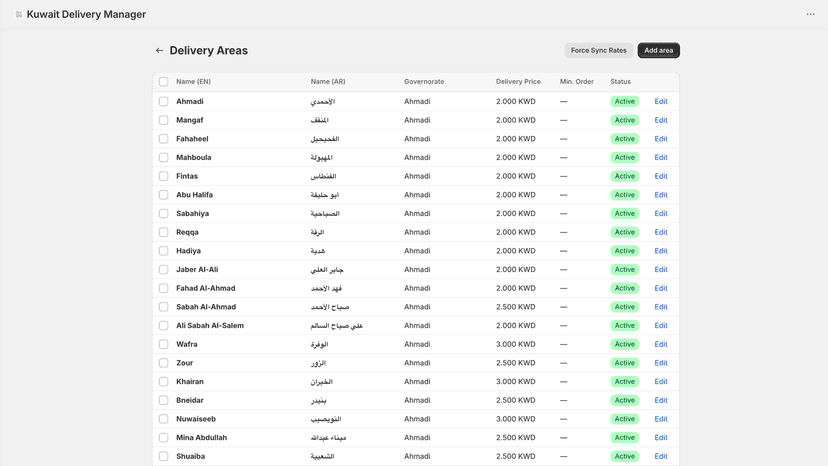 Delivery areas page showing Kuwait zones with EN and AR names