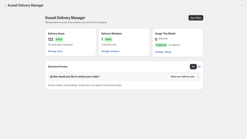 KDM dashboard showing delivery areas, time slots, and usage