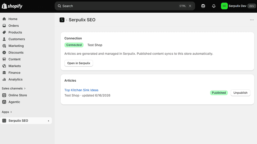 Serpulix SEO app with a connected store and article publish list